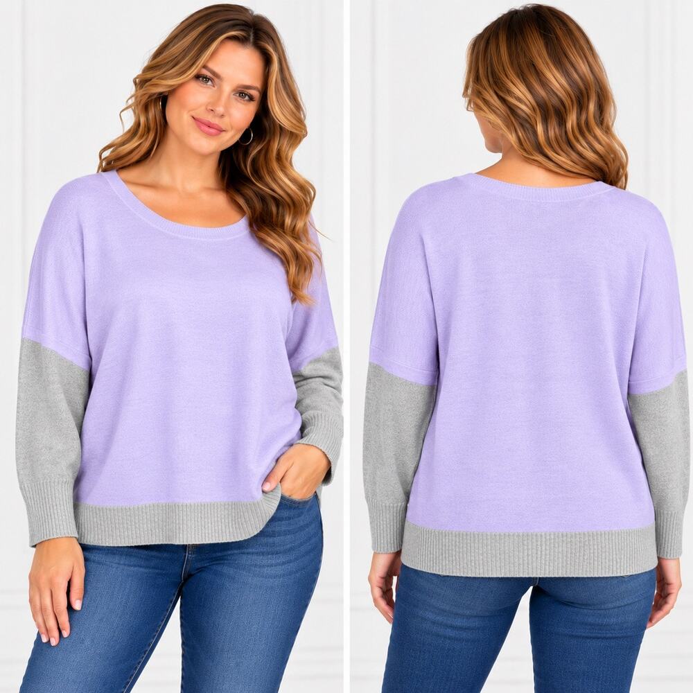 Apt 9 Womens Colorblock Sweater Relaxed Fit Pullover Lavender Gray Large